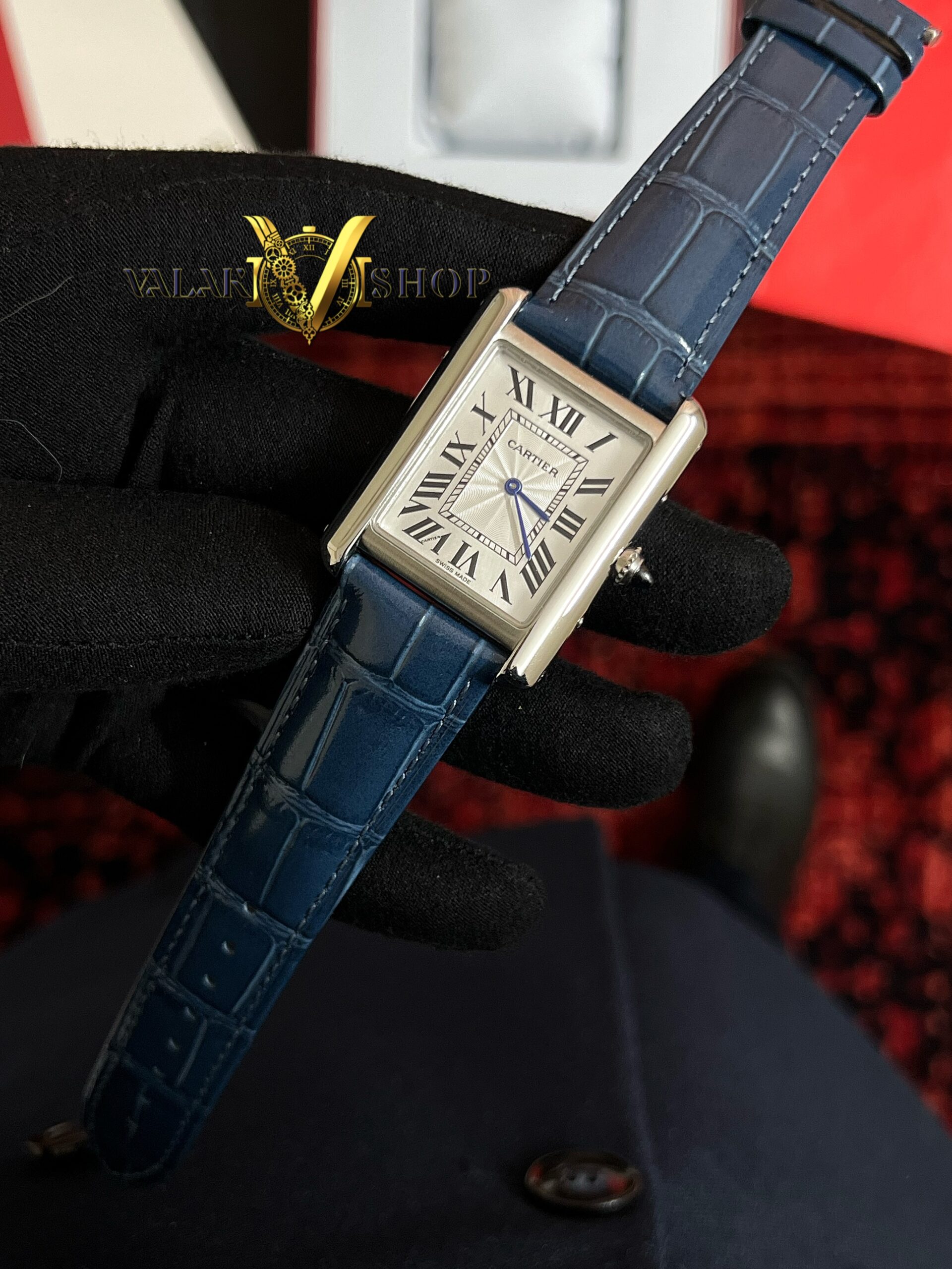 ساعت کارتیه تانک بند چرمی سورمه ای Cartier Tank - Image 2